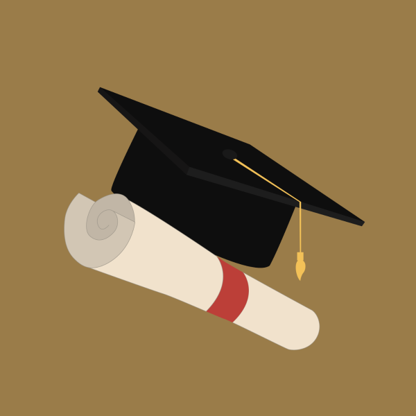 Digital illustration of a graduation cap and diploma. 